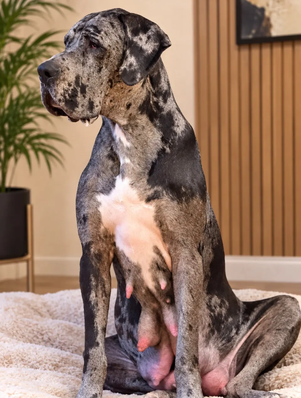 Merle Great Dane sitting indoors
